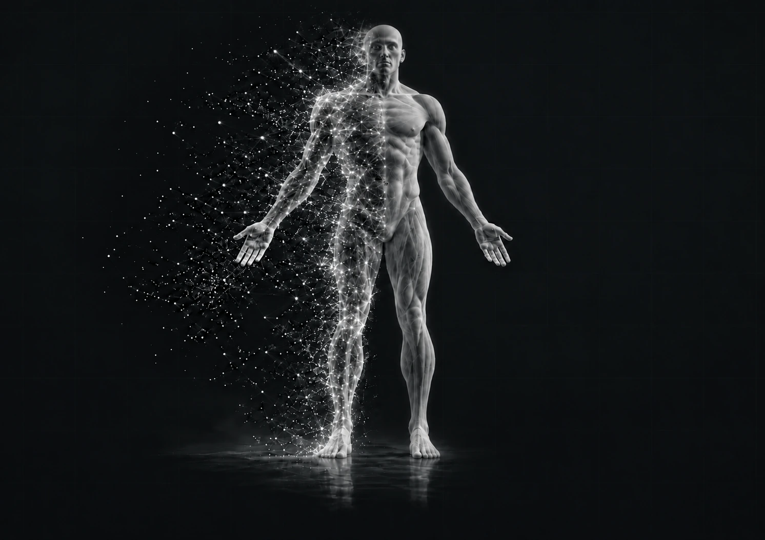 En frontvendt, gjennomskinnelig anatomisk menneskefigur som fragmenteres i et nettverk av signaler til venstre og samles i en stabil form til høyre.